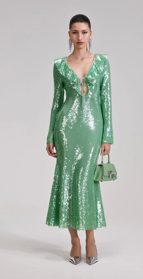 SELF-PORTRAIT Green Sequin Midi Dress