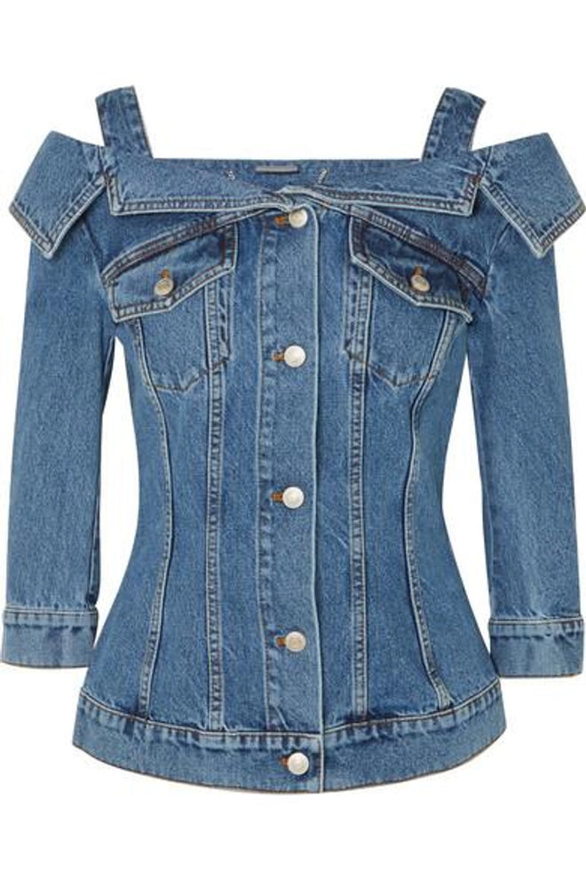 Alexander McQueen Off Shoulder Denim Jacket