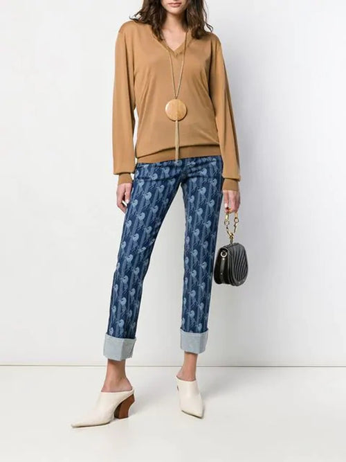 CHLOE Horse Printed Slim-Fit Trousers in Blue