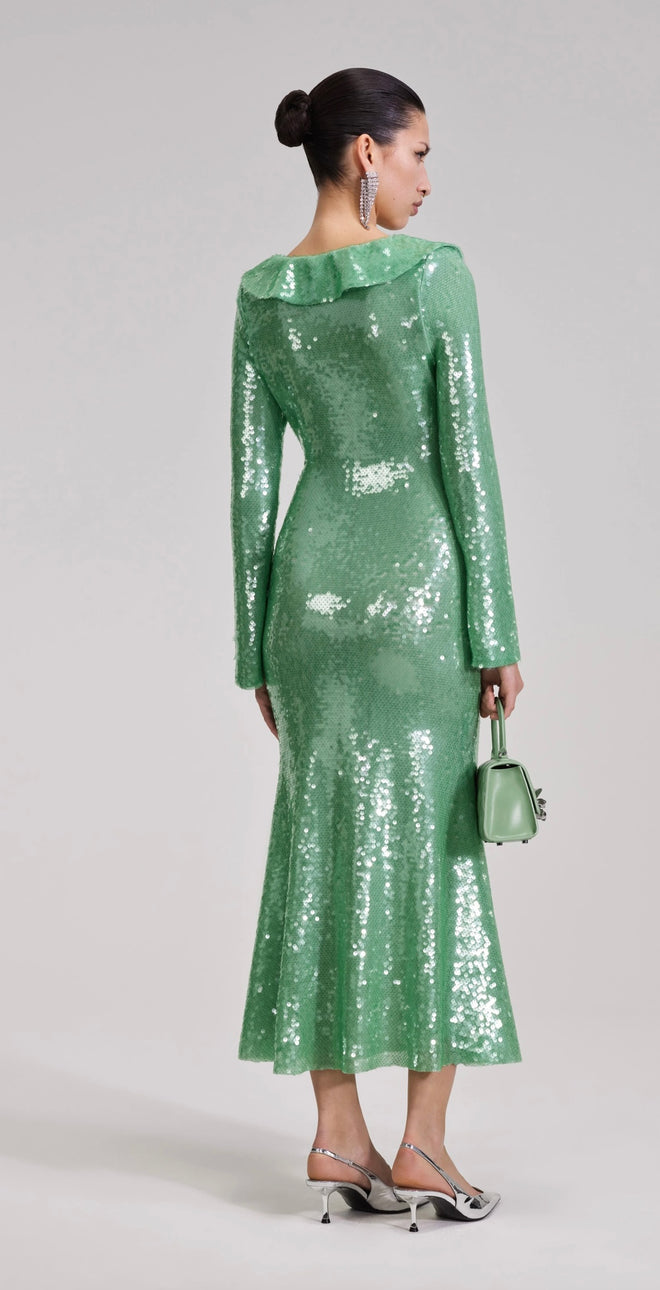 SELF-PORTRAIT Green Sequin Midi Dress