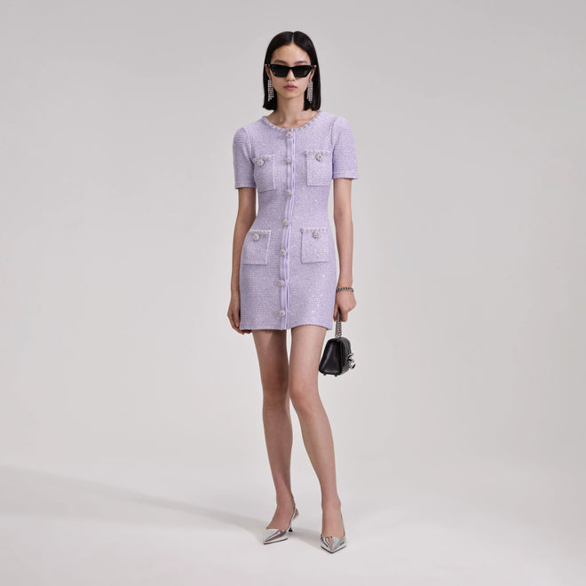 SELF-PORTRAIT Lilac Sequin Knit Mini Dress