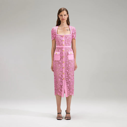 SELF-PORTRAIT Pink Guipure Lace Midi Dress