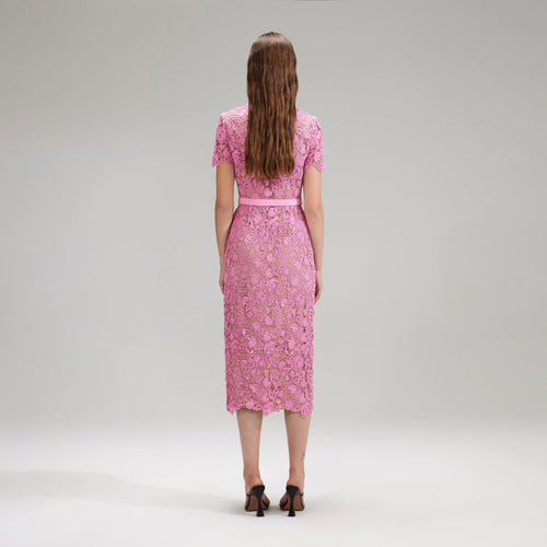 SELF-PORTRAIT Pink Guipure Lace Midi Dress