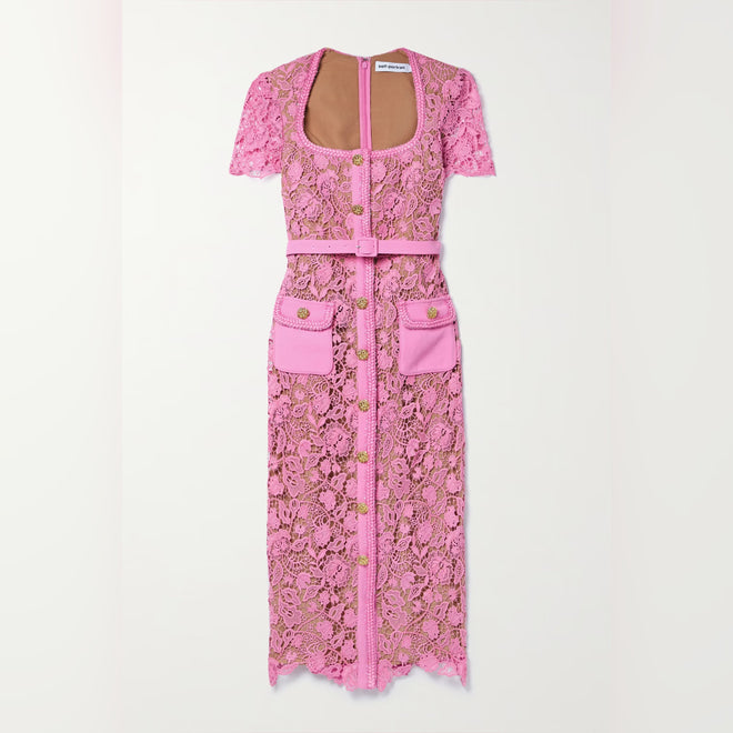 SELF-PORTRAIT Pink Guipure Lace Midi Dress